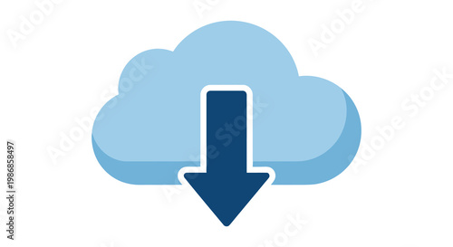 A light blue cloud graphic features a dark blue downward pointing arrow representing data transfer silhouette high quality professional detailed modern elegant
