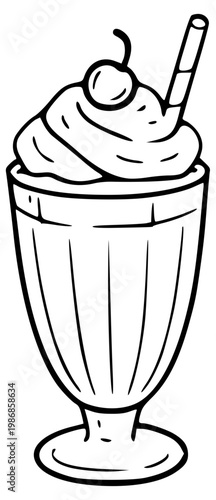 Milkshake with whipped cream and cherry retro dessert illustration