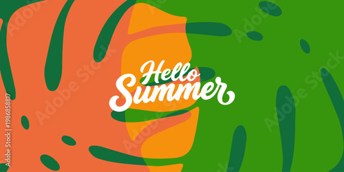 Summer time background with palm trees, Beach umbrella with chairs on the sand. summer sky and sea.Tropical leaves .Summer greeting clipart poster set with tropical palm leaves.