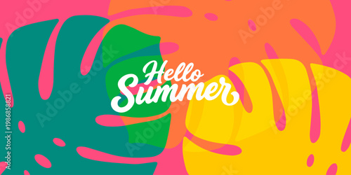 Summer time background with palm trees, Beach umbrella with chairs on the sand. summer sky and sea.Tropical leaves .Summer greeting clipart poster set with tropical palm leaves.