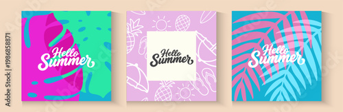 Summer time background with palm trees, Beach umbrella with chairs on the sand. summer sky and sea.Tropical leaves .Summer greeting clipart poster set with tropical palm leaves.