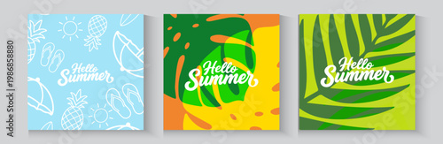 Summer time background with palm trees, Beach umbrella with chairs on the sand. summer sky and sea.Tropical leaves .Summer greeting clipart poster set with tropical palm leaves.