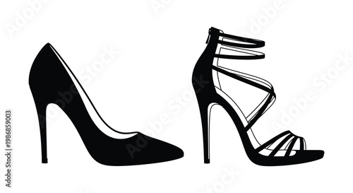 Two elegant high heeled shoes are displayed in a striking black and white composition a bold silhouette high quality professional detailed