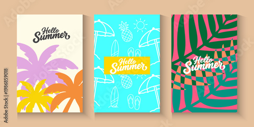 Summer time background with palm trees, Beach umbrella with chairs on the sand. summer sky and sea.Tropical leaves .Summer greeting clipart poster set with tropical palm leaves.