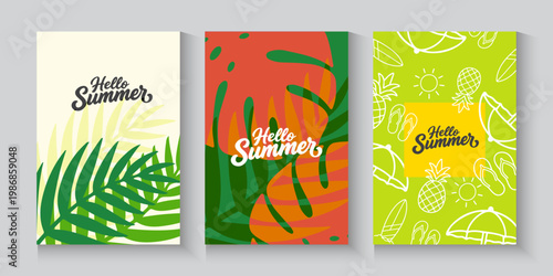 Summer time background with palm trees, Beach umbrella with chairs on the sand. summer sky and sea.Tropical leaves .Summer greeting clipart poster set with tropical palm leaves.