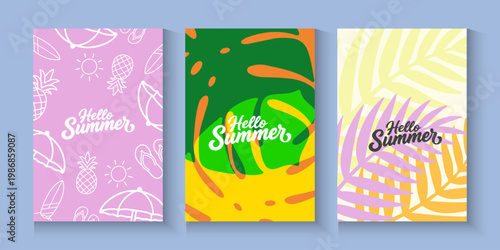 Summer time background with palm trees, Beach umbrella with chairs on the sand. summer sky and sea.Tropical leaves .Summer greeting clipart poster set with tropical palm leaves.