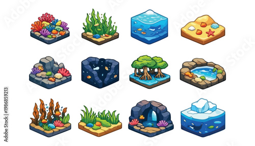 A colorful illustration of various underwater and terrestrial ecosystems in cartoon style