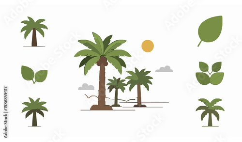 A serene tropical landscape with palm trees and lush greenery under a sunny sky