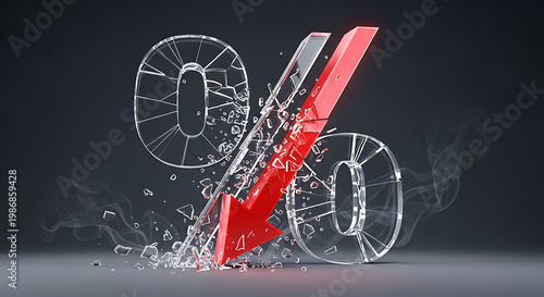 Dramatic retail price reduction concept featuring shattered percentage sign and downward falling red arrow symbolizing financial crash, economic downturn, or massive seasonal clearance sale event.