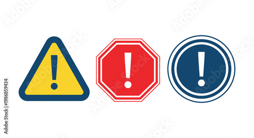 Three colorful warning signs a triangle octagon and circle display prominent exclamation points in a striking silhouette high quality professional detailed modern elegant