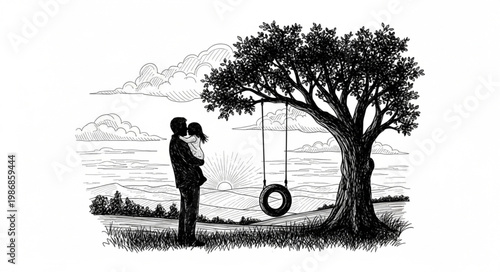 Silhouetted couple embracing beside tire swing tree.