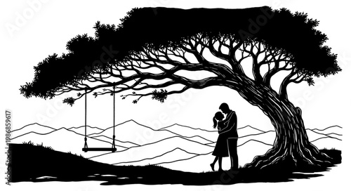 Silhouetted couple embracing beneath a large tree together.