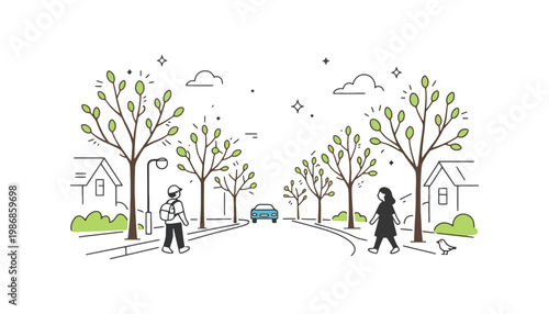 Street vector illustration with people walking and trees in a suburban neighborhood