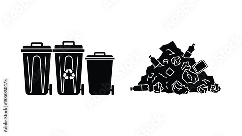 Trash cans and overflowing waste depicted in a black silhouette