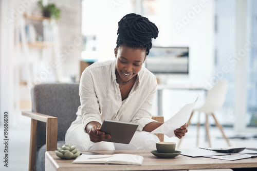 Fotografija Reading, tablet and businesswoman with paperwork in office, research and happy f