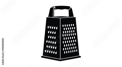 A stark black silhouette of a box grater with multiple grating surfaces representing kitchen tools and food preparation silhouette high quality