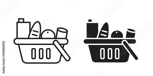Grocery basket icon design. Editable outlined stroke and solid symbols