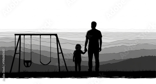 Silhouette of Father and Child Holding Hands Together.