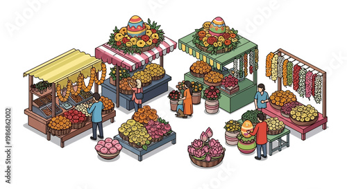 Isometric illustration showing an Indian Easter festival market scene with vibrant colors, featuring vendors and customers around decorated stalls selling sweets and flowers under striped