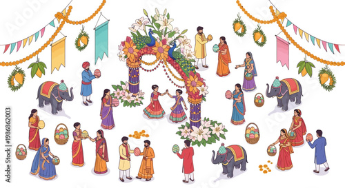 Isometric illustration showing an Indian Easter holiday celebration with a Christian community gathering for a church service under a decorated archway, surrounded by colorful Easter eggs