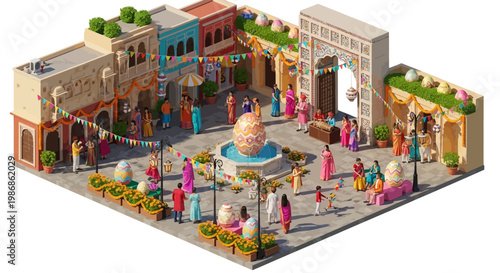 Isometric view showcasing an Indian Easter festival scene with people in traditional attire gathering in a town square adorned with colorful decorations, reflecting Christian culture