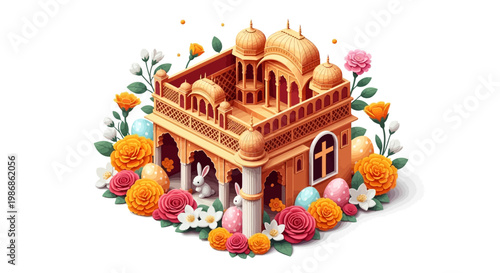 Isometric illustration of a traditional Indian building decorated for the Christian festival Easter India, surrounded by colorful Easter eggs and flowers, set against a clean white
