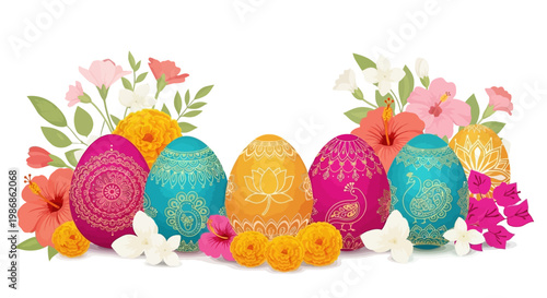 Vibrant, flat lay featuring ornate Easter eggs reflecting Indian cultural diversity alongside colorful flowers, capturing the easter sunday india spirit and religious devotion easter