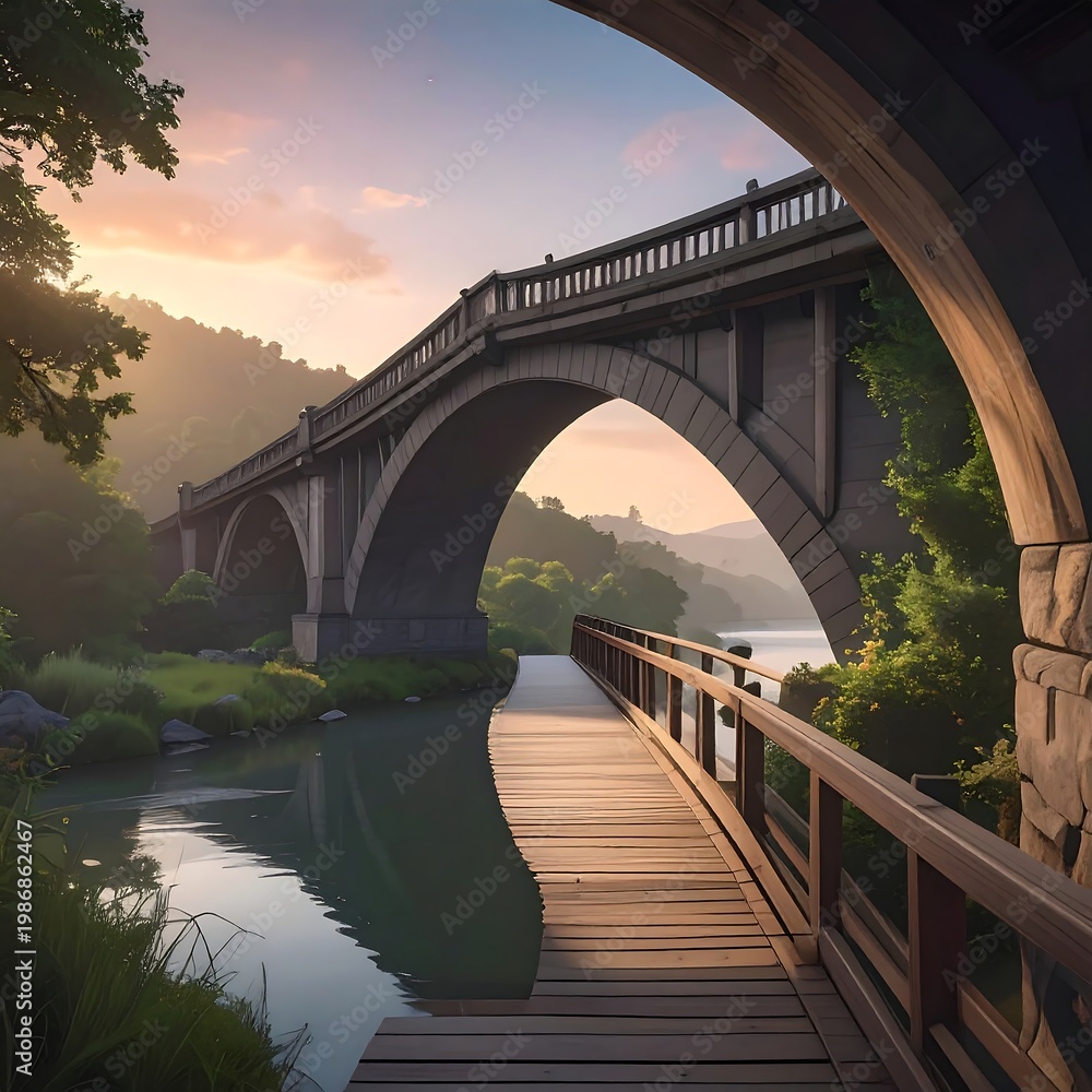 Fototapeta premium A serene river flows beneath a stone arch bridge at sunset, framed by lush greenery and a wooden walkway