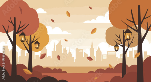 Autumn Park Scene with Falling Leaves and Lanterns.