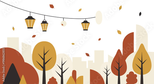 Autumnal city park scene with falling leaves and decorative lanterns.
