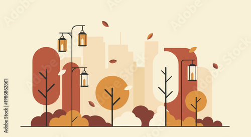 Autumnal City Park Scene with Falling Leaves and Lanterns.