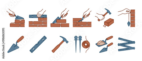 Bricklaying masonry construction tools icons set, manual brick wall building process with trowel, spirit level, hammer and plumb line, professional renovation equipment collection for architectural de