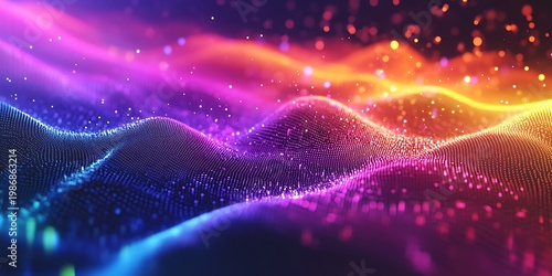 Vibrant abstract digital wave pattern featuring glowing particles in a dynamic three-dimensional landscape, illustrating futuristic technology, data visualization, and energy flow with rich colorful.