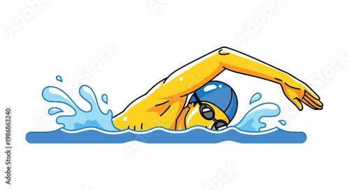 A colorful illustration depicts a swimmer in mid stroke captured in a dynamic pose with a bold silhouette high quality professional detailed
