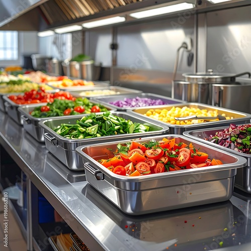 A commercial kitchen counter with various food