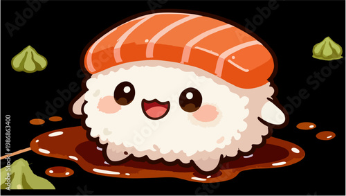Cute Sushi Mascot with Smiling Character in Clean Cartoon Vector Style Isolated