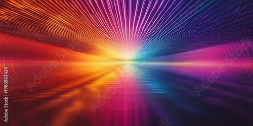A captivating abstract light tunnel with vibrant rainbow gradient colors creating a dynamic and futuristic aesthetic, perfectly reflecting on a smooth, shimmering surface.