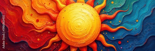 Close-up of hand-painted sun, impasto style, bold colors, colorful, brushstrokes