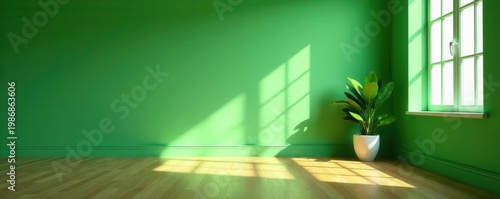 Sunlit green-walled room, polished wood floor, interior design, wood flooring, still