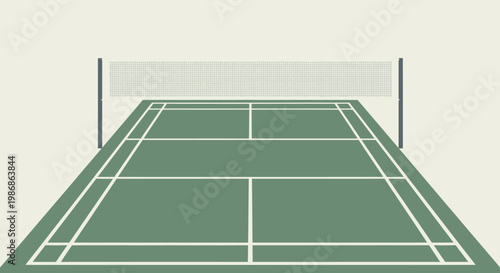 Green Badminton Court with Net, Perspective View, Ready for Match, Bright Studio