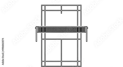 Badminton Court Layout with Net, Overhead Outline, Isolated White Background, Line Art