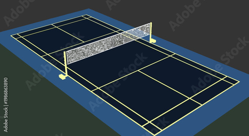 Dark Blue Badminton Court with Net, Perspective View, Ready for Badminton Match