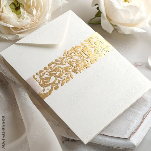 A white card with gold floral designs on a stack of cards