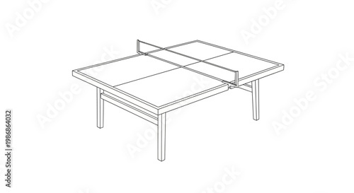 Minimalist outline drawing of a table tennis table with net, seen from an isometric perspective, on an isolated white background.