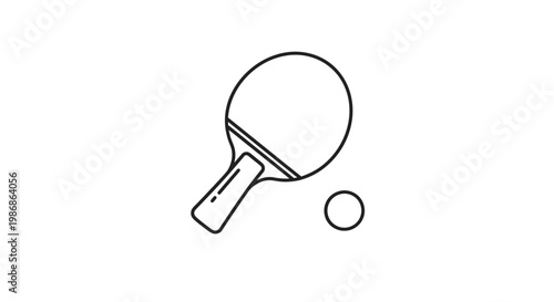 Minimalist outline icon of a table tennis paddle and ball, on an isolated white background.