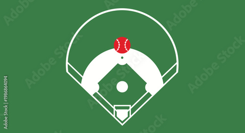 Baseball field diamond with a red ball on the pitcher's mound, on a solid dark green background.