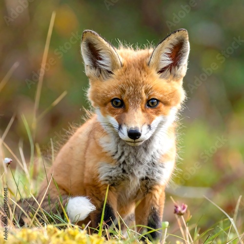 A curious young fox sits in grassy field