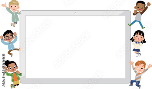 タブレットPCの周りでジャンプする様々な国籍と人種の子ども