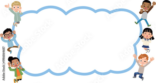 雲形のフレームの周りでジャンプする様々な国籍と人種の子ども