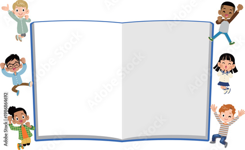 青いノートの周りでジャンプする様々な国籍と人種の子ども